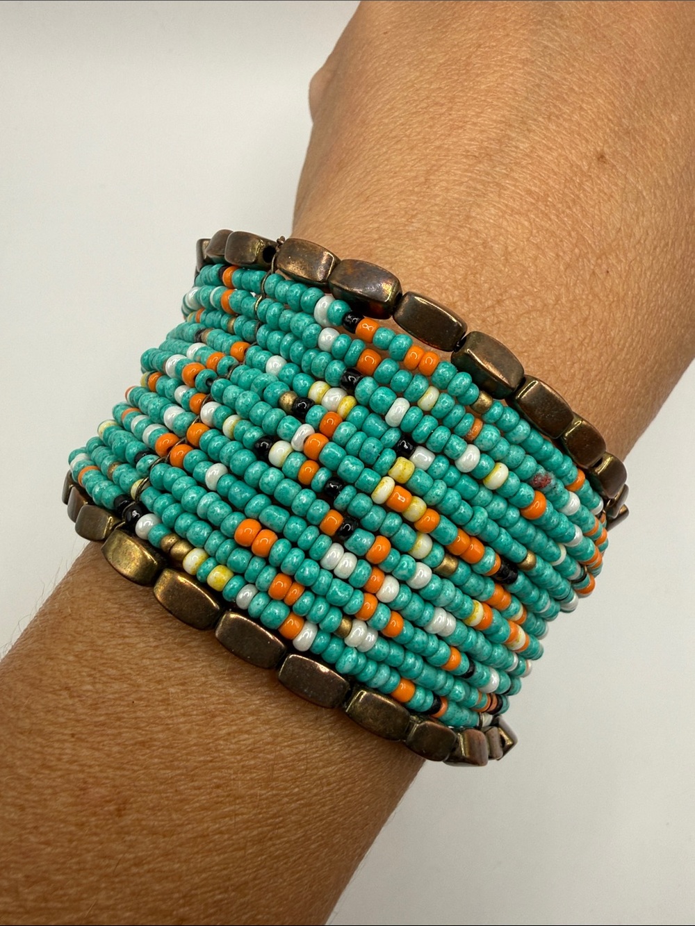 Vintage Native American Style Turquoise Gold Tone Seed Beaded Cuff Bracelet